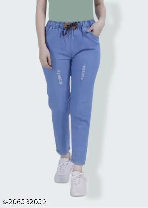 Denim women's jogger jeans, ankle fit stretchable, different types available in SMLXLXXLXXXL sizes. Solid color, long sleeves, made in India