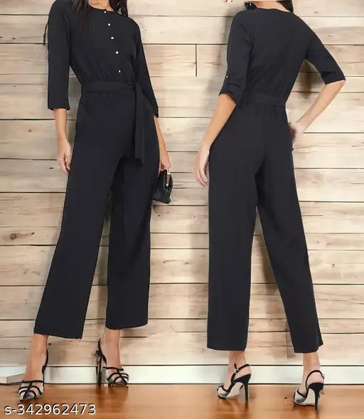 Black crepe jumpsuit with button detailing, Pearl N Vera's Comfort & Style in solid black crepe fabric