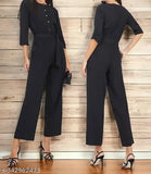 Black crepe jumpsuit with button detailing, Pearl N Vera's Comfort & Style in solid black crepe fabric