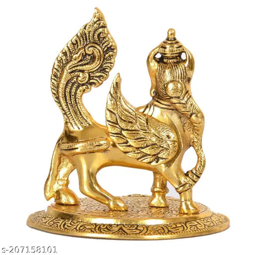 Yellow metal Kamadhenu cow statue (8cmL x 11cmH), divine bovine-goddess symbolizing health, wealth, happiness, and growth