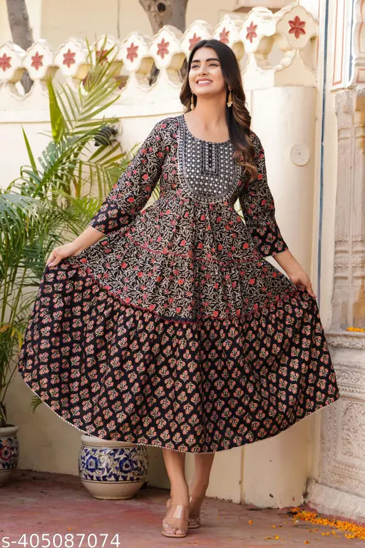 Black rayon embroidered flared anarkali kurta for women, stylish printed design with three-quarter sleeves