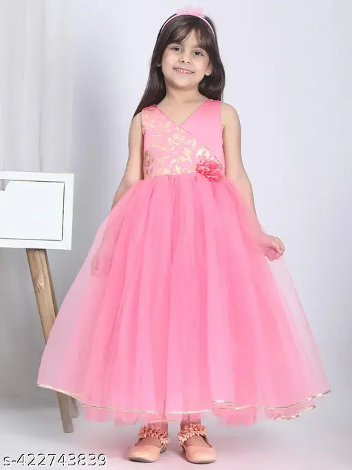 Hot pink full length party dress with tulle fabric and lace trim, girls' formal wear