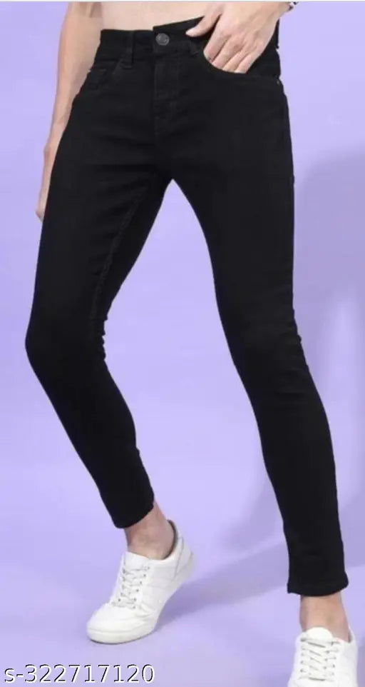 Black stretchable denim jeans for boys, solid pattern, correct size, five pockets, washable
