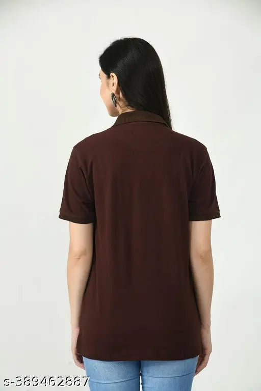 Brown cotton sustainable polo for women, featuring solid design, natural wood and coconut shell buttons, embroidered logo from upcycled fabrics, ultra-pleasing polo neck, softer, lighter, extra stretch fabric - perfect for everyday, eco-friendly, India origin