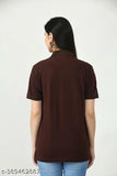 Brown cotton sustainable polo for women, featuring solid design, natural wood and coconut shell buttons, embroidered logo from upcycled fabrics, ultra-pleasing polo neck, softer, lighter, extra stretch fabric - perfect for everyday, eco-friendly, India origin