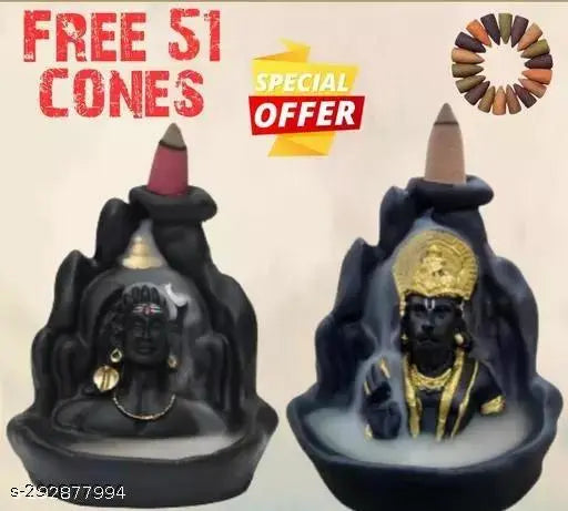 Adiyogi and Hanumanji figurine backflow showpiece combo, home decoration, set of 51 smoke backflow cones, free with purchase