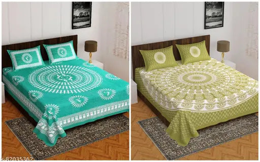 Jaipur cotton double bed sheets combo pack, 2 bedsheets + 4 pillow covers, summer-ready Rajasthani design for adult beds