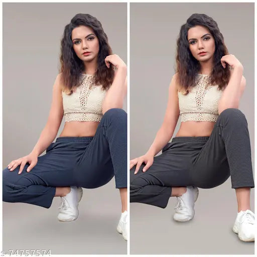 Women's striped polycotton track pants combo (dark grey & navy blue), comfortable lounge wear with self-designed textured knit & 2 side pockets, India origin