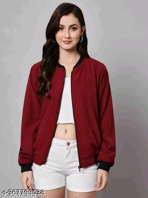 Solid polyester NSLycra jacket for women, long sleeves, size S (bust 34in, length 18in), India-made fashion apparel