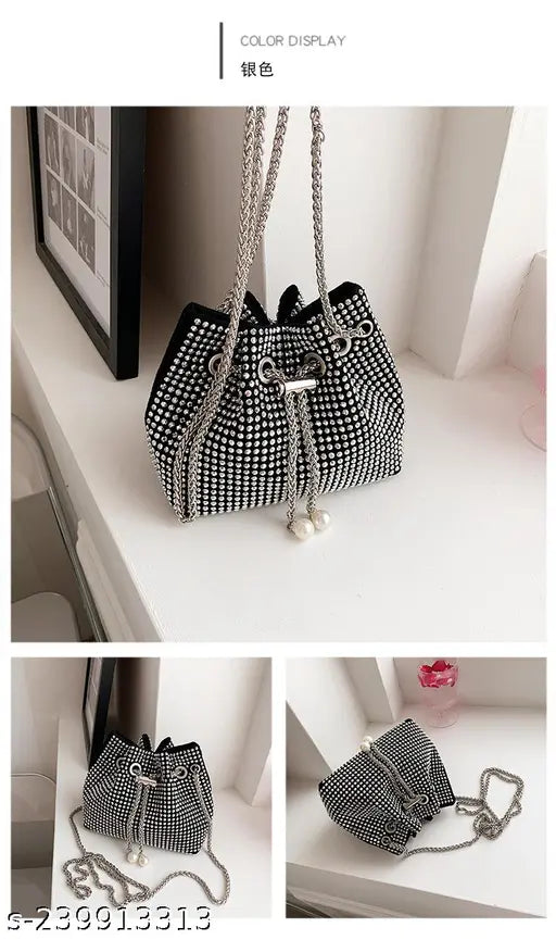 Black rhinestone bucket bag, stylish shoulder purse with long chain crossbody strap, pearl fashionable accessory for women, perfect for weddings, potli style sling bag