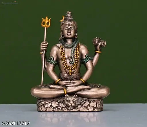Bronze Bholenaath Shiva Idol with Trishool and Damru, decorative religious art for car dashboard or home temple