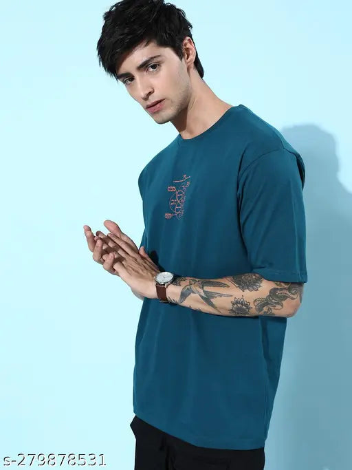 Round blue cotton printed t-shirt for men, showcases a unique design, oversized fit, ideal for casual wear - Made in India