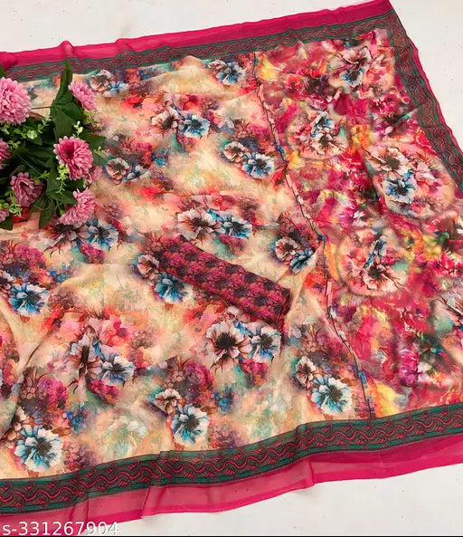 Floral print silk saree, with palav blouse