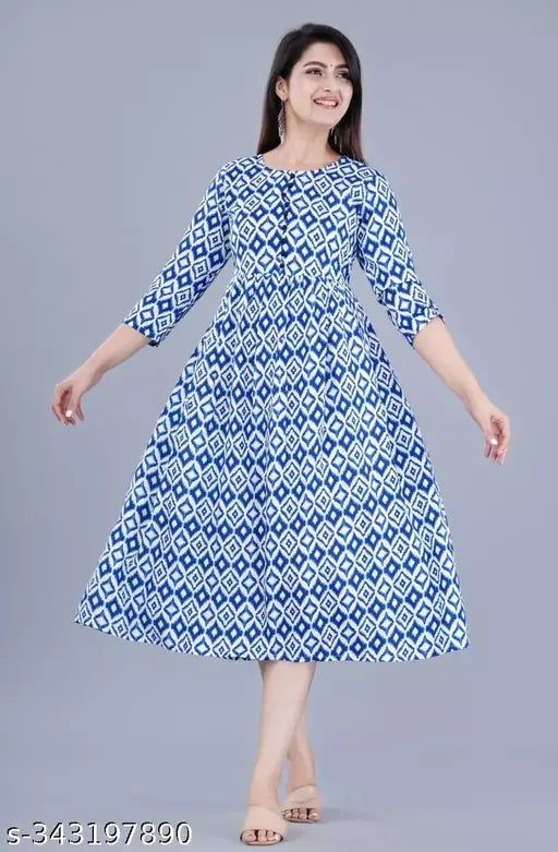 New printed rayon Gaither gown, three-quarter sleeve length, vibrant Indian print in single sizes S-XXXXL