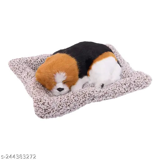 Black, white, and brown car dashboard dog plush toy for home, office, and car decoration. Soft, cuddly, and purifying interior air with activated charcoal