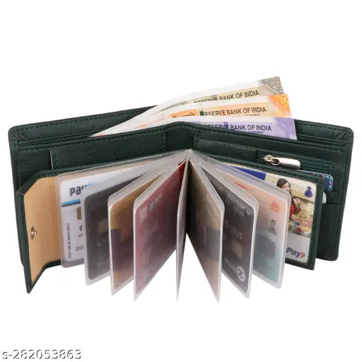 Green faux leather formal travel wallet for men - 10 card slots, durable & compact design