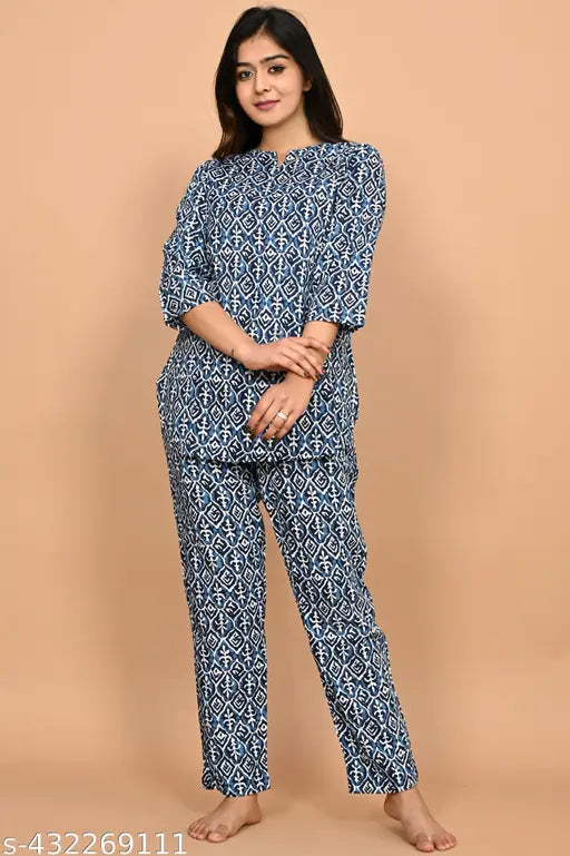 Rayon night suit for women, printed pattern, three-quarter sleeves, trendy fashionable pajamas from India