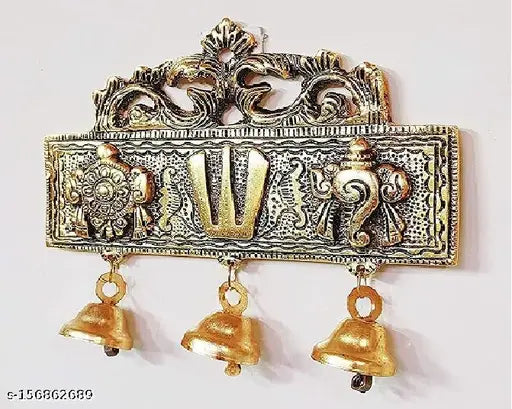 Brass Balaji Shankh Chakra Namah door hanging with 3 bells, religious idol for home office room showpiece, symbolizing Lord Vishnu's power & divinity