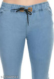 Light blue denim women's jogger fit jeans, designer details for versatile style