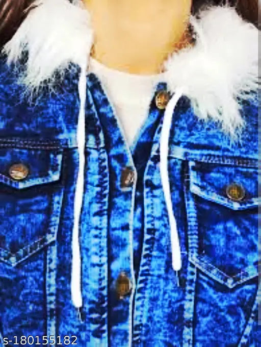 Dyed/washed denim women's full sleeve jacket, comfort and fur lining. Cozy Indian denim jacket on display