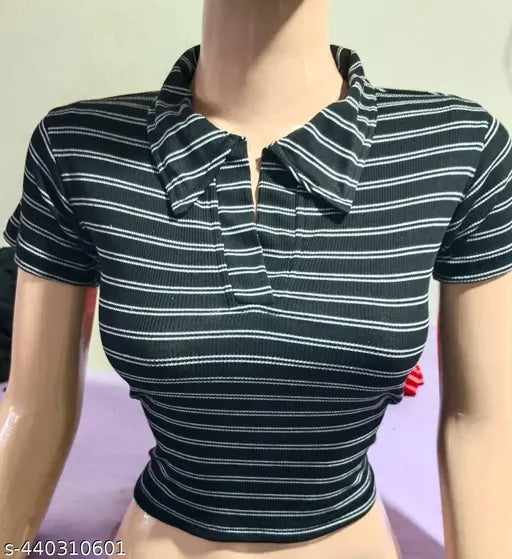 Striped Lycra short-sleeve women's top t-shirt, single piece, M (bust 28in, length 20in), L (bust 30in, length 20in), XL (bust 32in, length 20in) - made in India