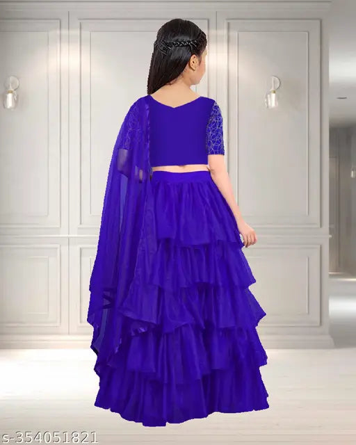Silk blend ruffle lehenga-choli (Audi), net dupatta. Indian semi-stitched festive wear for girls 1-15 years or free size, embellished with ruffles and embroidery on display