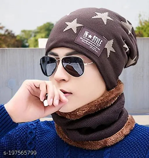 Stylish acrylic cap & fur-lined scarf, perfect for winter comfort (Men/Women)