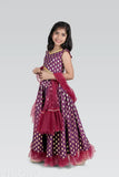 Acrylic lehenga choli dupatta set for girls, sleeveless with checked Aari work and net fabric. Indian handcrafted kids' party wear on display