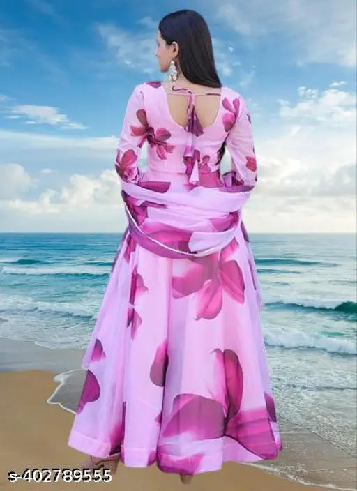 Modern Floral Pink Georgette Gown, traditional dress for women, long sleeves, elegant party wear