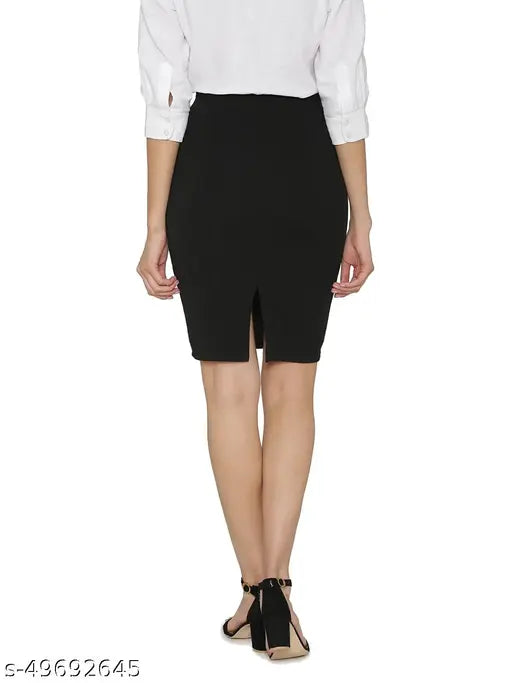 Black polyester high waist pencil skirt with versatile straight knee length