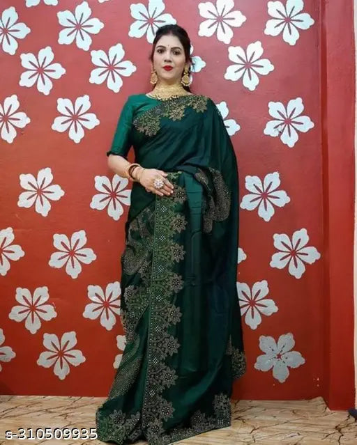 Classy vichitra silk saree in free size, solid net pattern with separate satin silk blouse, Indian party wear on display