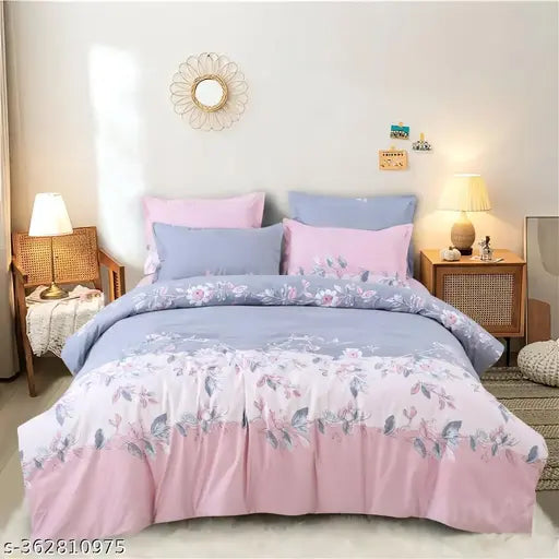 Grey pink glace cotton botanical-patterned superfine flat sheets for summer, double queen size with 2 pillow covers – India origin