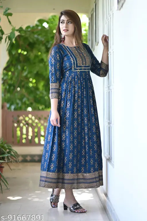 Blue Gold Print Anarkali with handwork rayon dress, three-quarter sleeves, Indian printed style, women's fashion accessory