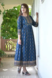 Blue Gold Print Anarkali with handwork rayon dress, three-quarter sleeves, Indian printed style, women's fashion accessory
