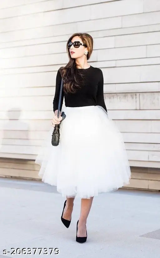 White net western skirt, soft and flowy with solid pattern, women's skirt on hanger, free size waist 28, length 36 inches