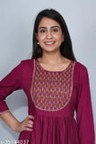 Rayon embroidered flared wine kurta for women, three-quarter sleeves, festive and party wear