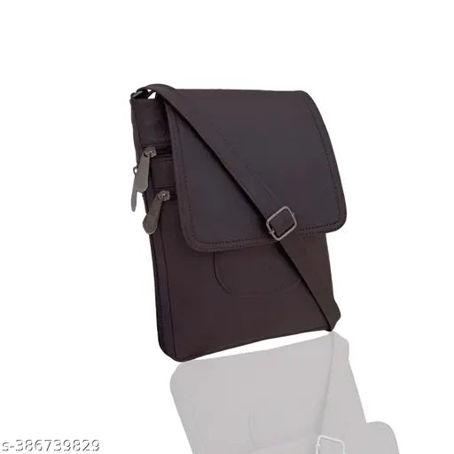 Brown leather sling bag with multiple zip closures