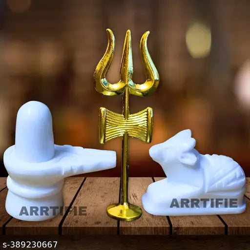 Pure marble Shiva Lingam Shivling with Nandi Ji and Trishul, Indian idol sculpture (6cm x 6cm x 6cm)