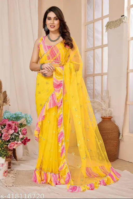 Yellow cotton embroidered lehenga with ruffled border