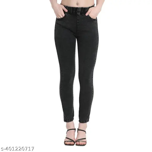 Black denim lycra skinny jegging, stretchy and sleek, size options: 28, 32, 34, 36, 38. Made in India
