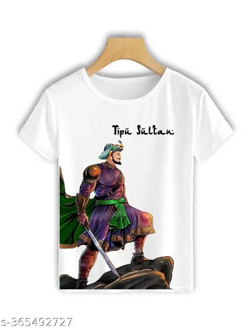 Tipu Sultan printed polyester t-shirt, Tiger of Mysore design on short sleeves, Indian origin