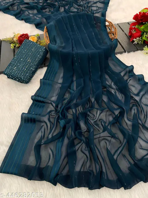 Designer satin chiffon casual fancy saree with heavy embroidery work blouse, free size in 5.5m length and 0.8m blouse length, Indian origin