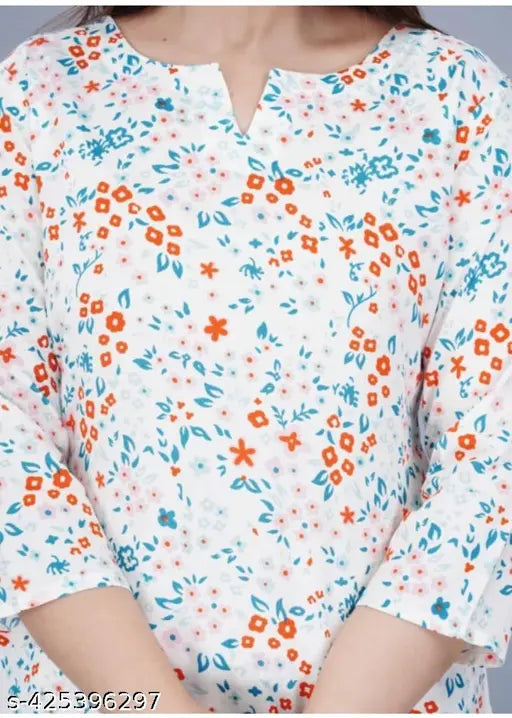 Trendy rayon printed nightwear set, includes top and pyjama, comfortable sleepwear for ladies, v-neck, 3/4 sleeve design, made in India