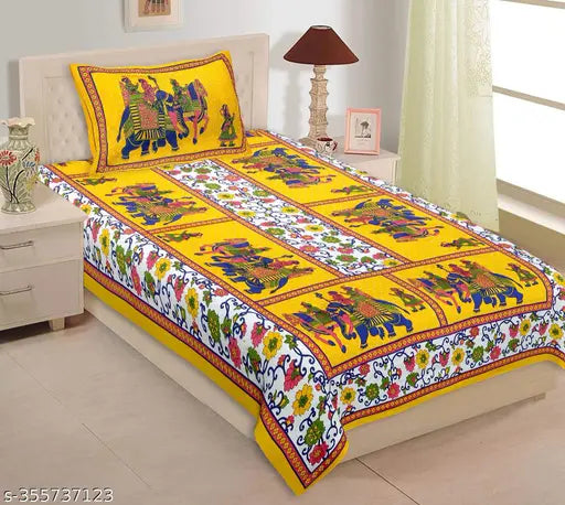 Yellow Jaipuri Cotton Single Bed Sheet with Elephant Print & Pillow Cover