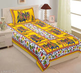 Yellow Jaipuri Cotton Single Bed Sheet with Elephant Print & Pillow Cover