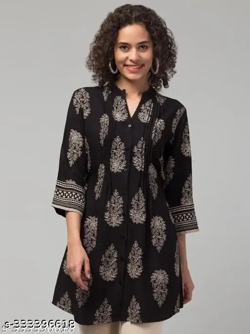 Rayon black Jaipuri tunic with 3/4 sleeves, mandarin collar, front pleats & waist string, size 34. Indian-made fashion wear