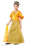 Yellow cotton blend Lahanga Choli set with embroidered top and solid lehenga, for children aged 2-5 years. Indian traditional wear on display