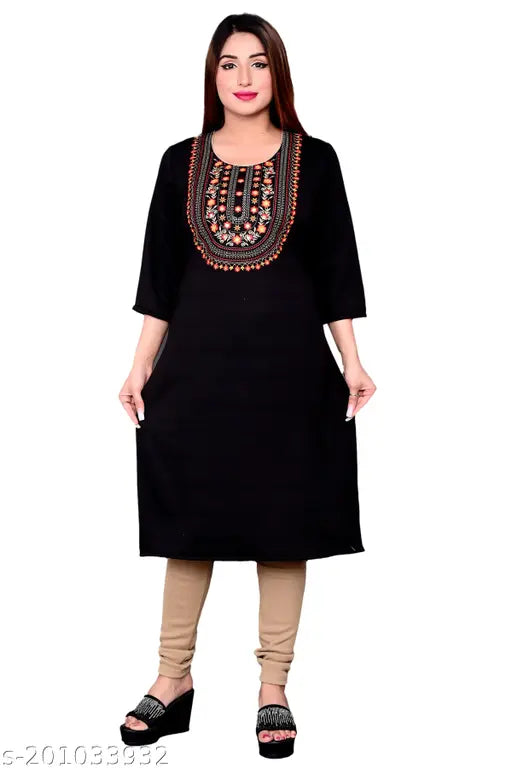 Black straight embroidered woolen kurta, with a neckline