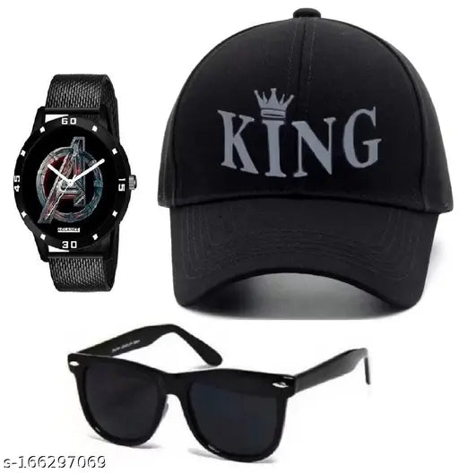 Avengers logo watch, baseball cap, sunglasses set in trendy black on DIWALI offer, self-designed cotton accessories for men and boys