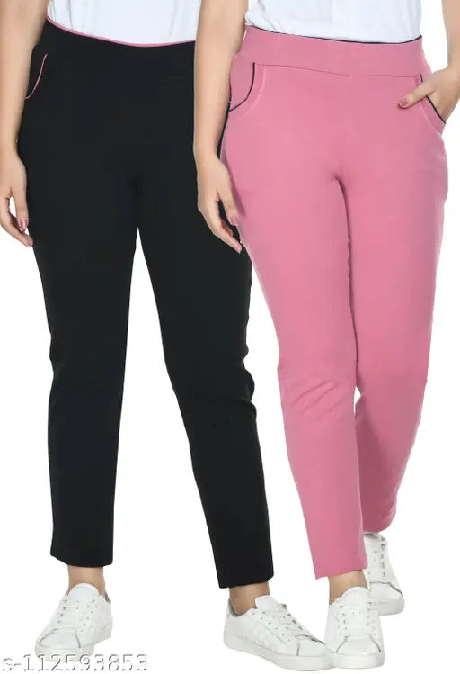 Black & pink solid cotton blend jeggings by PRIYA POINT for women, available in sizes 26-40